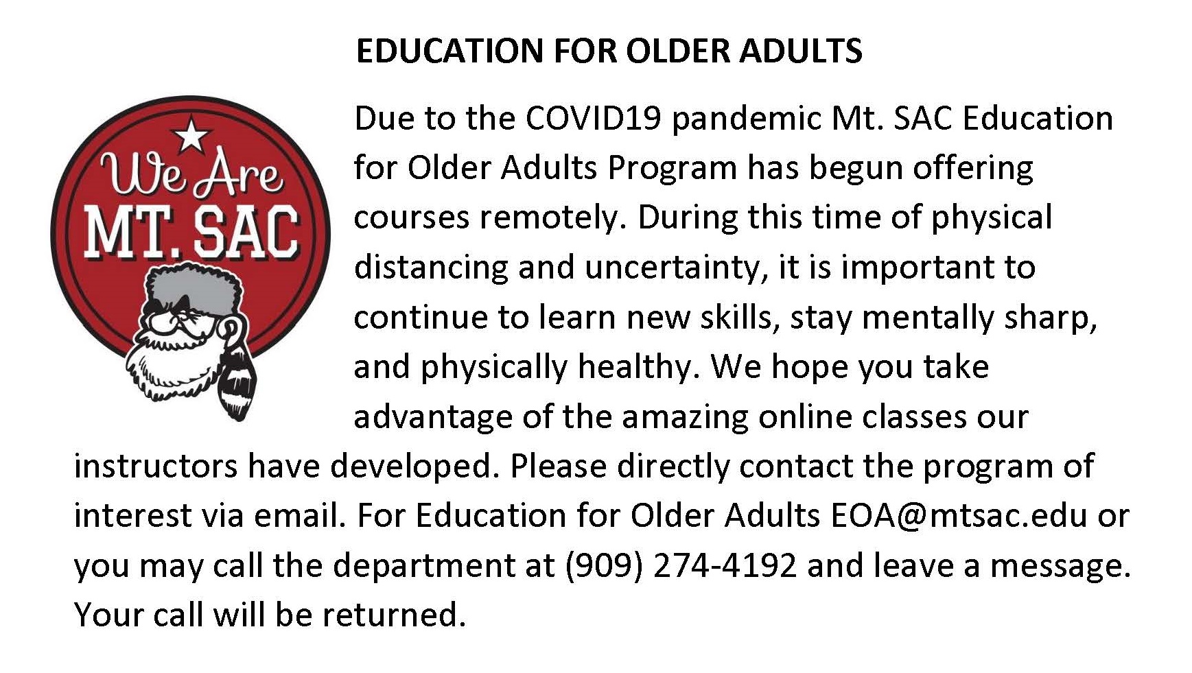Mt. SAC Education for Older Adults Classes online